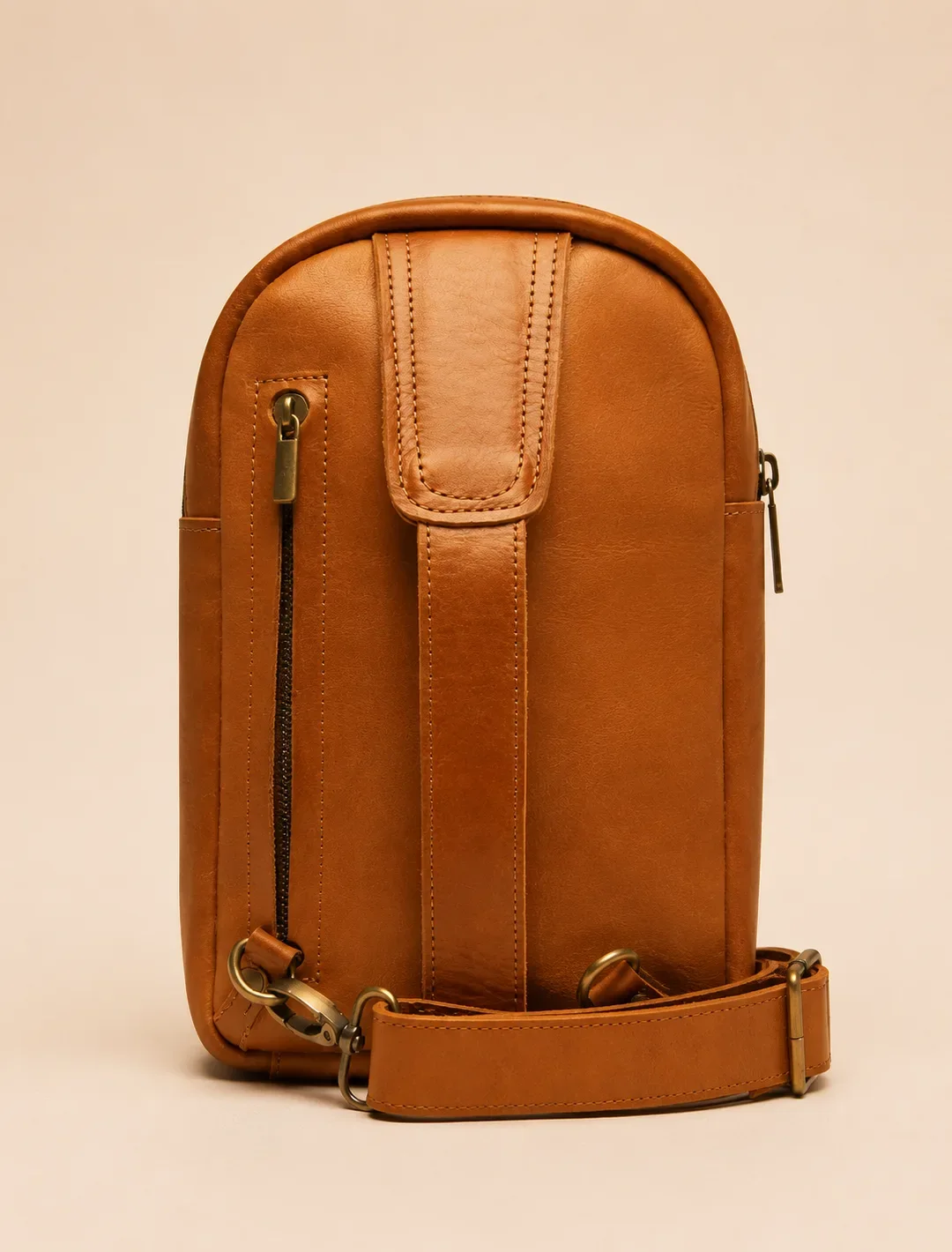 Minimalist Cognac Leather Sling Bag | Vertical Crossbody Chest Bag