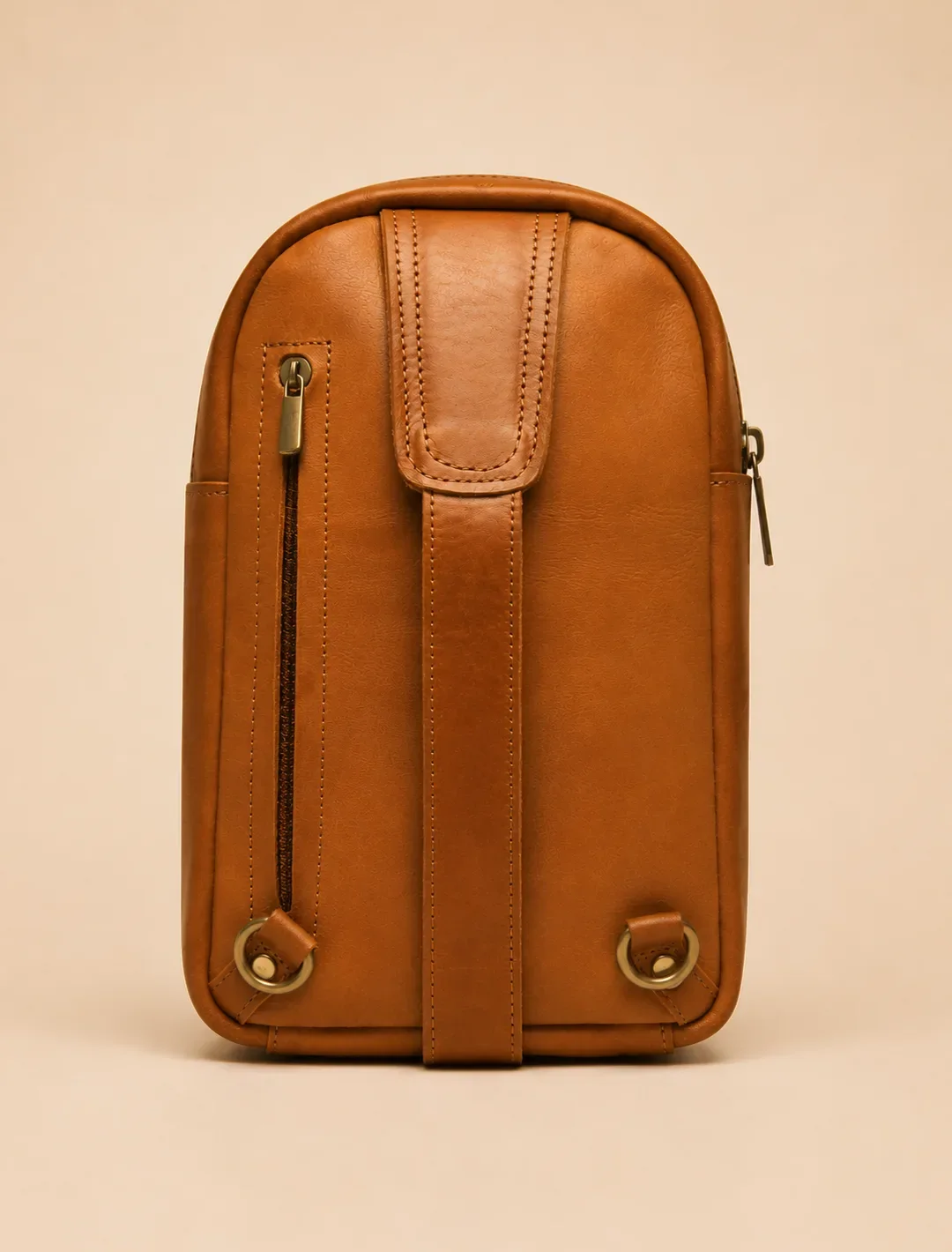 Minimalist Cognac Leather Sling Bag | Vertical Crossbody Chest Bag